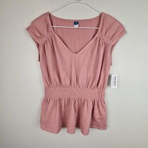 Old Navy Blouse Womens XS Pink Vneck Sleeveles Smocked Waist Pullover Casual Top